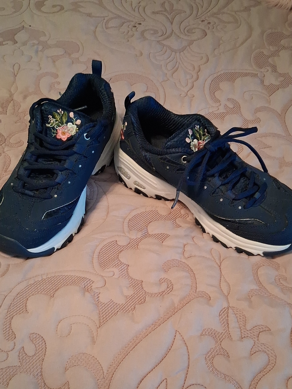Skechers Navy Floral Embroidered Lace-Up Women's Sneakers